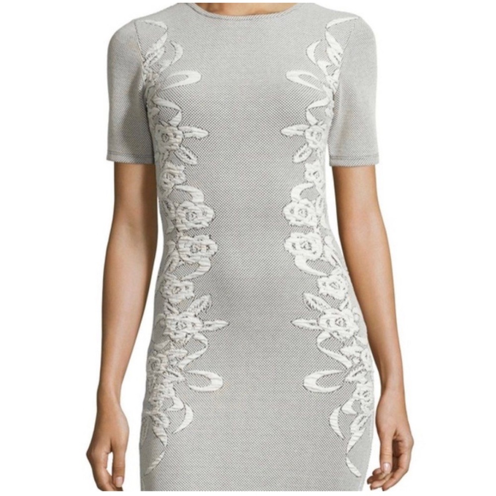 French Connection Gray Embellished Mini Ponte Textured Knit Dress
